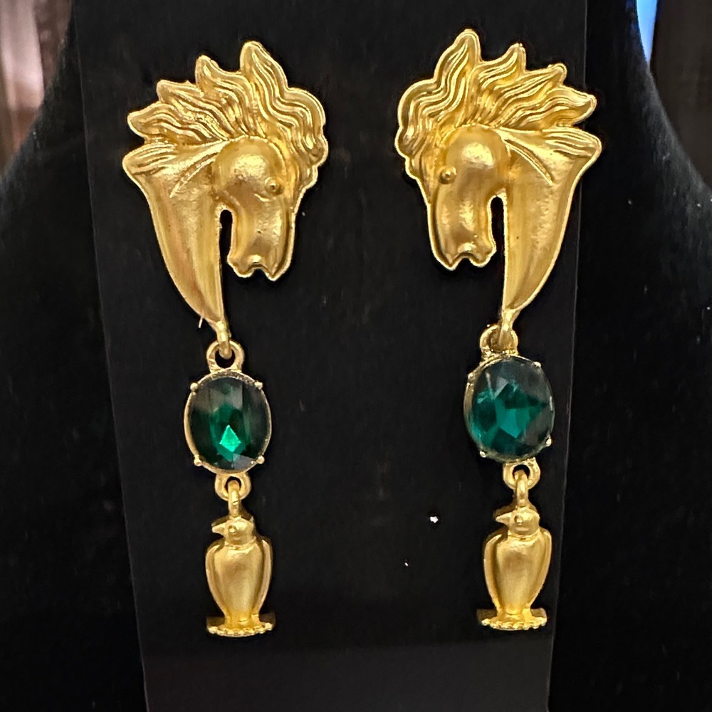 Gold and Green Horse Motif Earrings